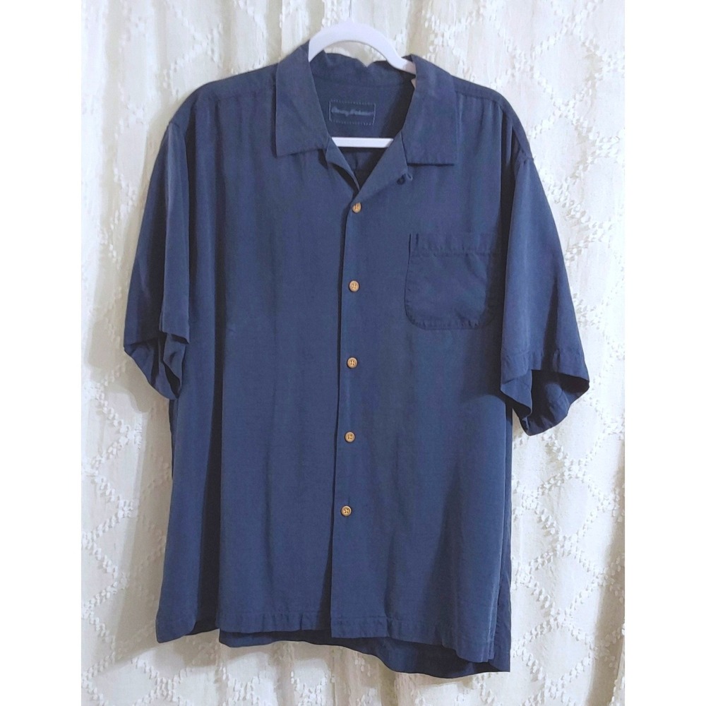 Tommy Bahama 100% Silk Shirt XL Navy Blue Button Up